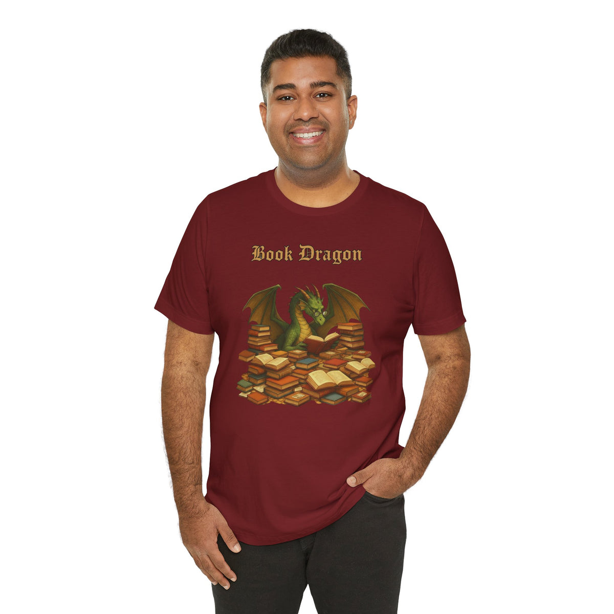 Burgundy crew-neck T-shirt with Book Dragon print and green dragon on stacked books