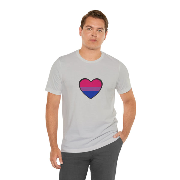 Light gray crew-neck T-shirt with bisexual pride heart graphic