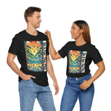 Black crew-neck graphic t-shirts with colorful square artwork and vertical blue text stripe
