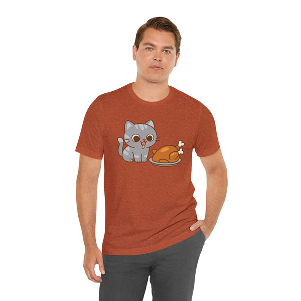 Rust orange crew-neck T-shirt with gray cat and brown turkey cartoon graphic