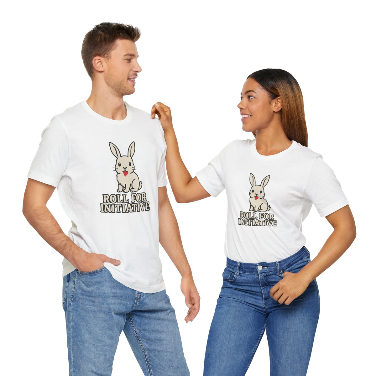 Two people wearing white crew-neck T-shirts with bunny and “ROLL FOR INITIATIVE” print