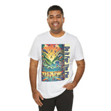 White short-sleeve graphic t-shirt with vertical “Do It For The Plot” poster-style print
