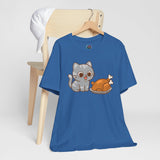 Blue short-sleeve t-shirt with front graphic of gray cat and turkey