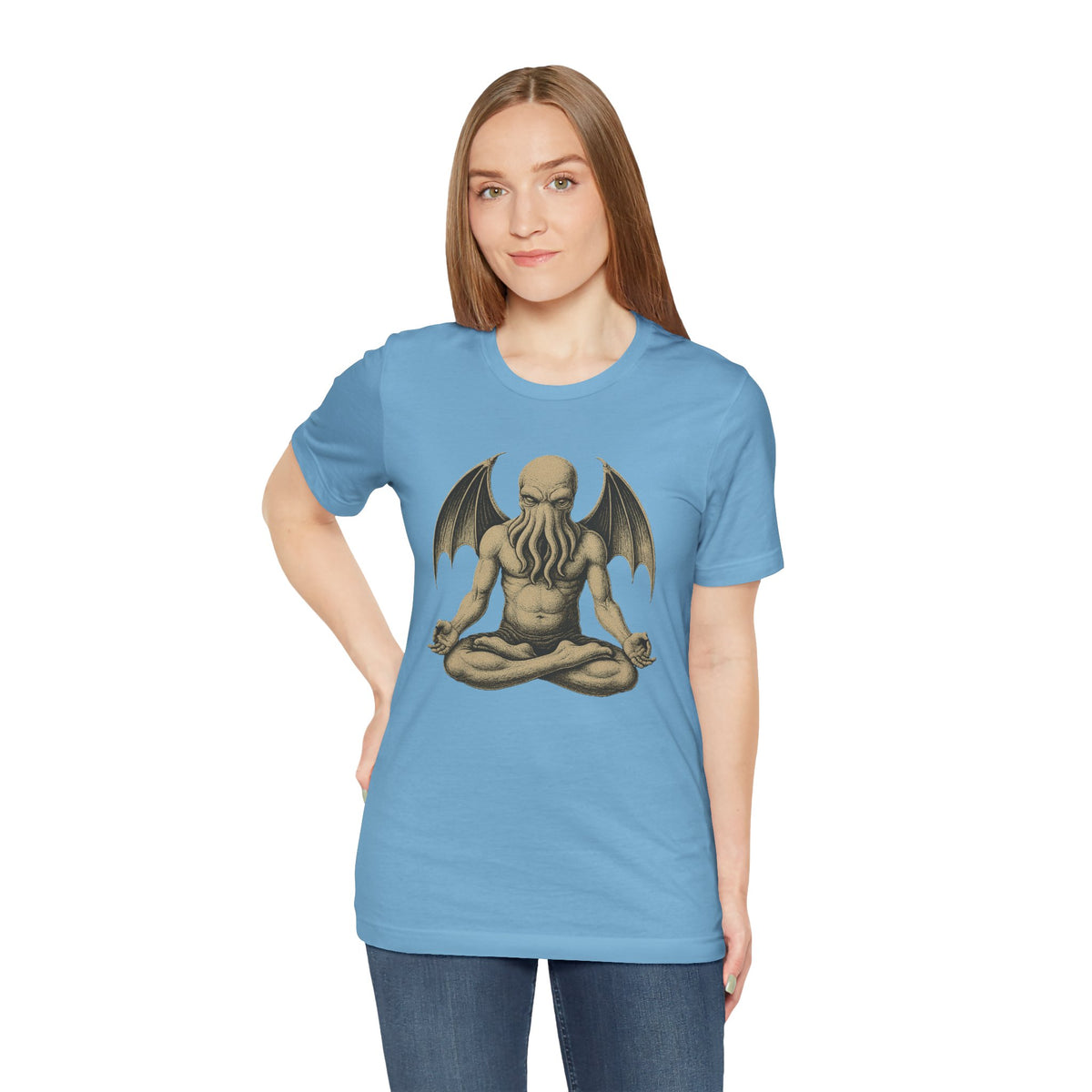 Light blue unisex crewneck t-shirt with meditating monster graphic, short sleeves