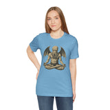 Light blue unisex crewneck t-shirt with meditating monster graphic, short sleeves