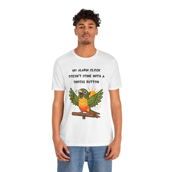 White crewneck T-shirt featuring a green parrot alarm clock graphic