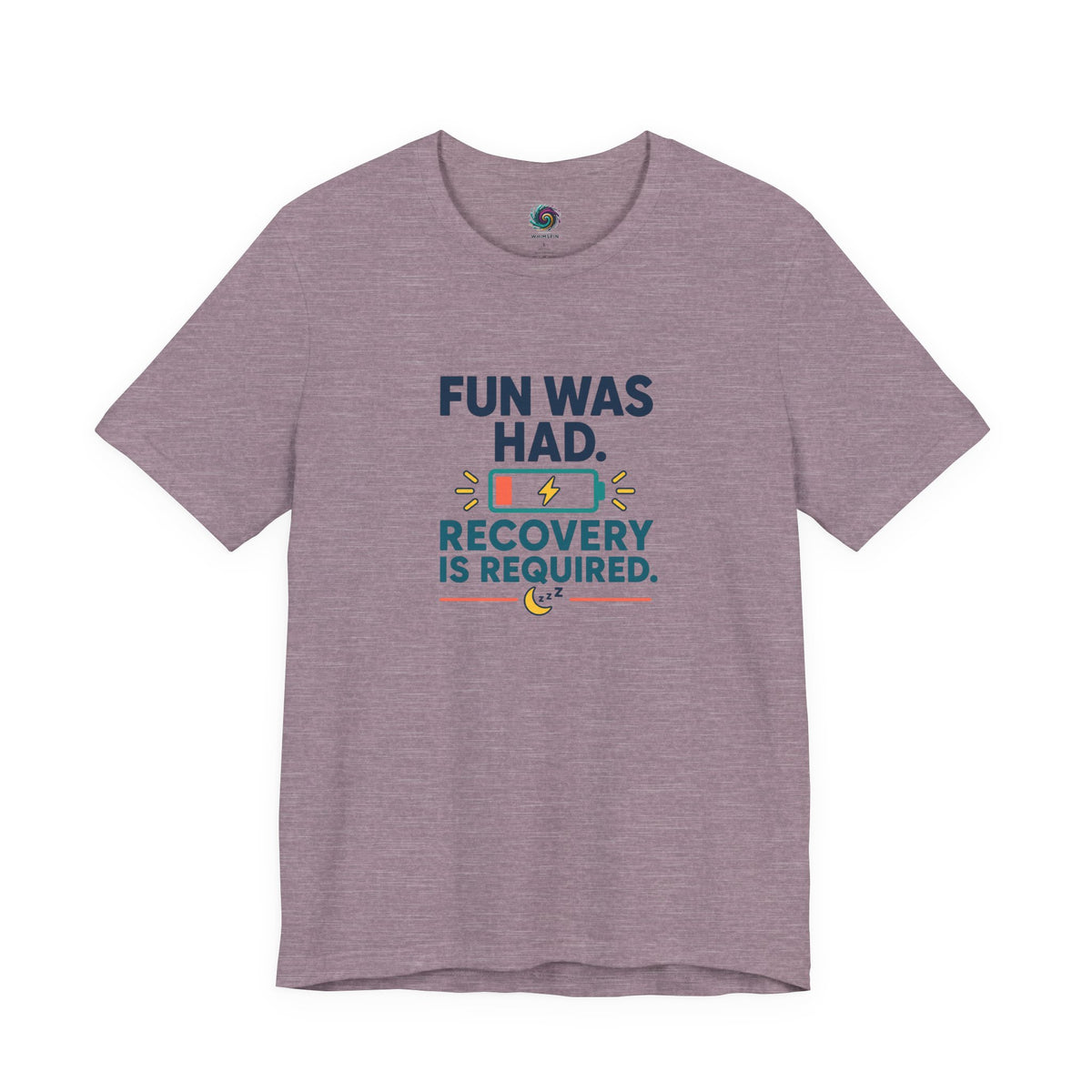 Heather gray crew-neck T-shirt with "Recovery is required" lightning graphic on front