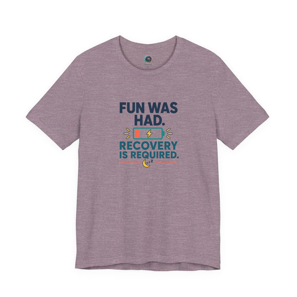 Heather gray crew-neck T-shirt with "Recovery is required" lightning graphic on front