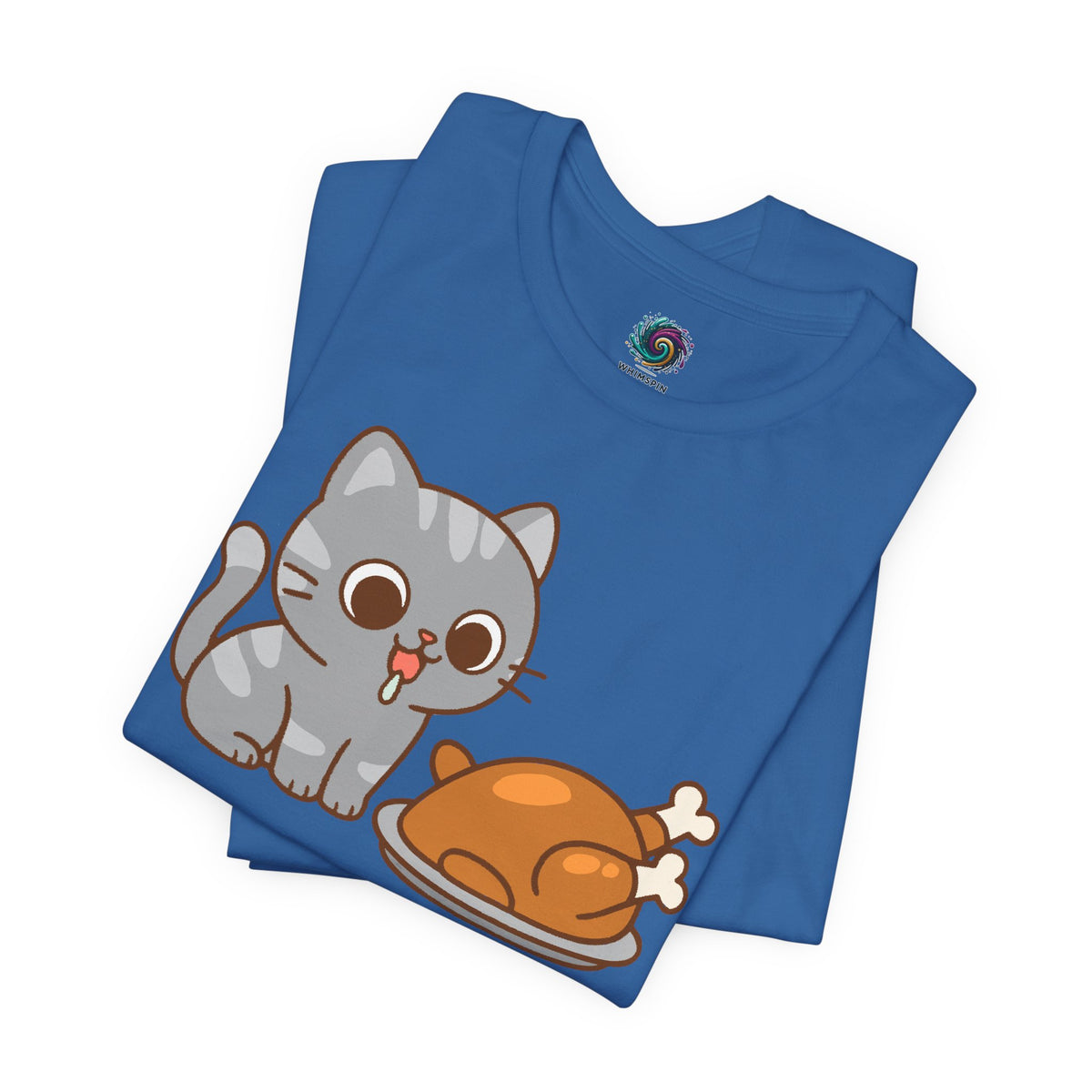 Blue crew neck t-shirt with cute gray cat and turkey illustration