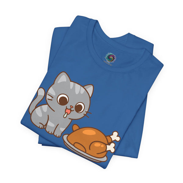 Blue crew neck t-shirt with cute gray cat and turkey illustration