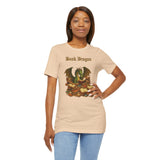 Tan crew-neck t-shirt with Book Dragon graphic, straight hem