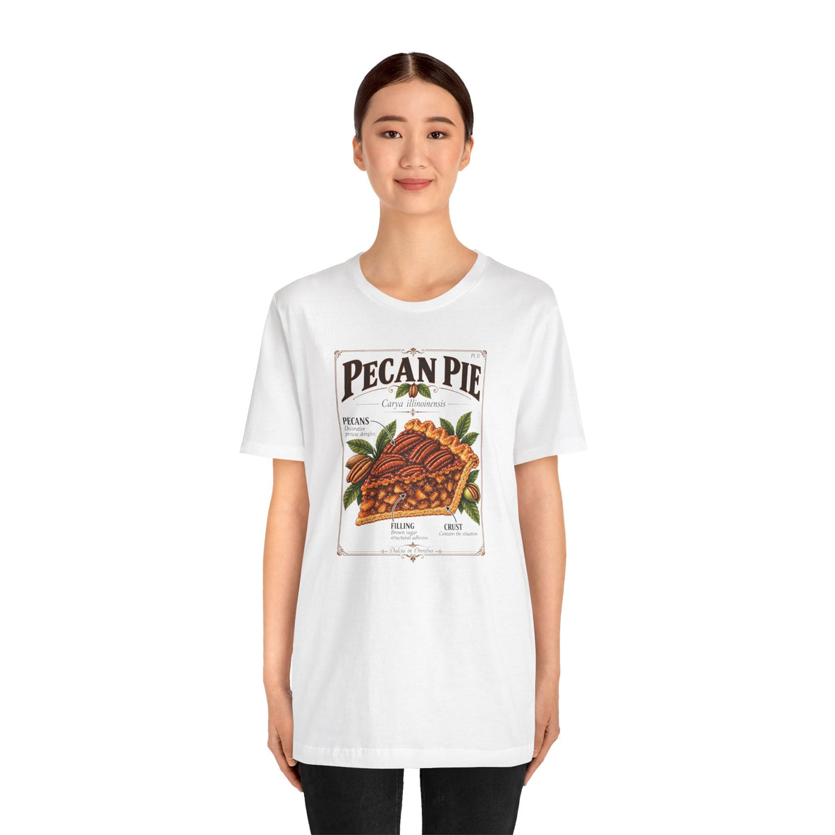 White pecan pie graphic T-shirt on model, short sleeves and crew neck