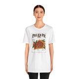 White pecan pie graphic T-shirt on model, short sleeves and crew neck
