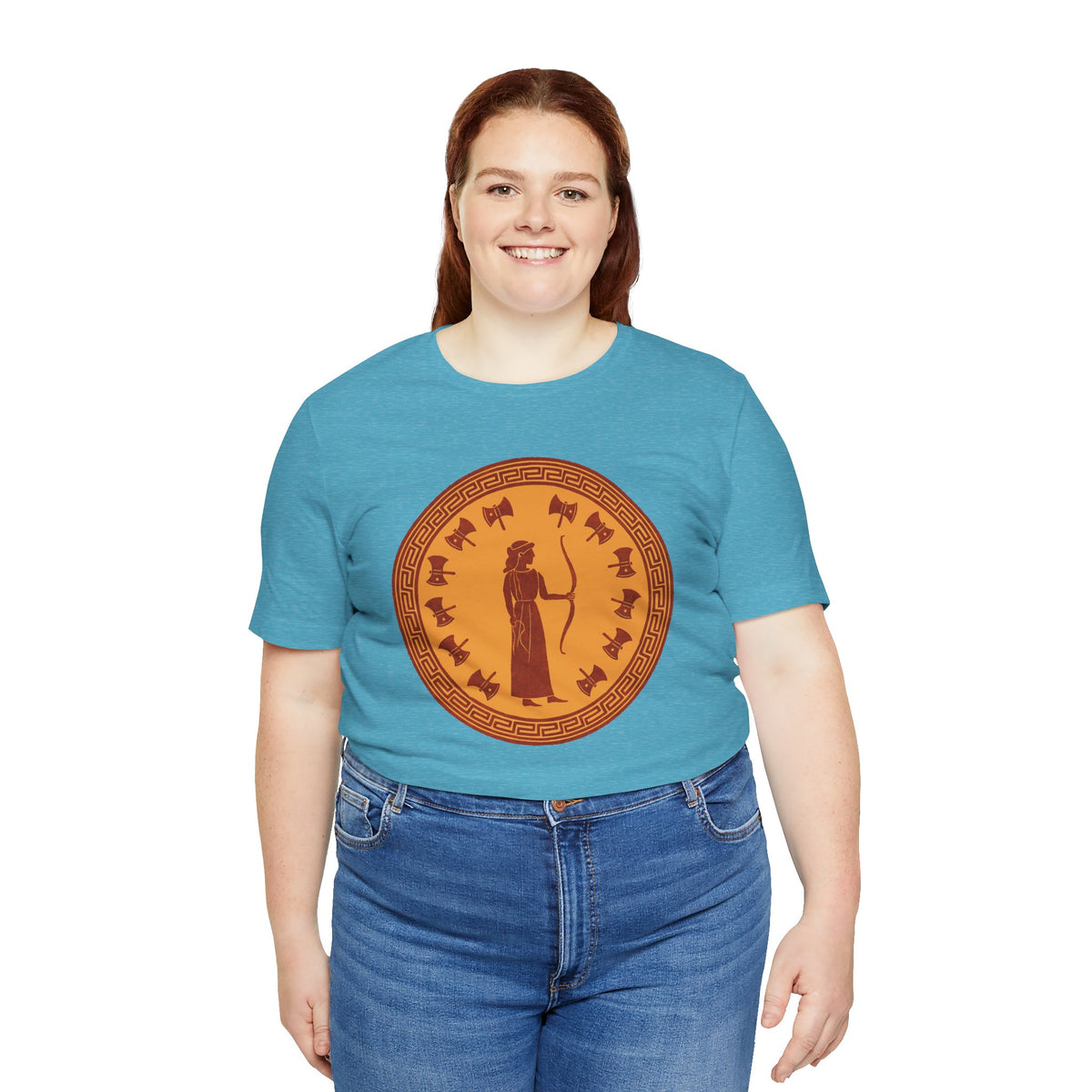 Sky blue crewneck T-shirt with large orange circular Greek-style goddess graphic, model front