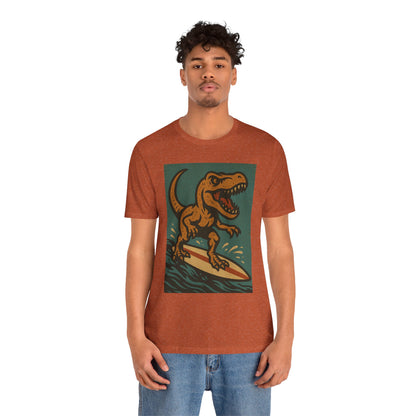 Surfing T-Rex T-Shirt – Funny Dinosaur Graphic Tee for Summer Vibes - WhimSpin - https://whimspin.com