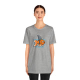 Heather gray crew-neck t-shirt front view with orange cartoon goldfish shark swimming graphic