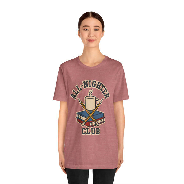 Heather mauve crew-neck T-shirt with 'All-Nighter Club' coffee graphic