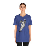 Blue crewneck t-shirt with large front graphic of a winged monster in a hat