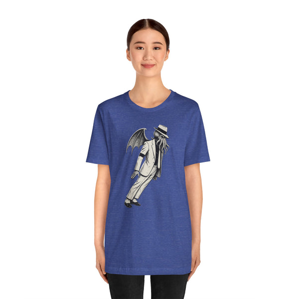 Blue crewneck t-shirt with large front graphic of a winged monster in a hat