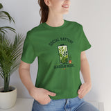 Green graphic T-shirt with “SOCIAL BATTERY” and “GARDEN MODE” garden design