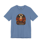 Powder blue T-shirt with front circular pumpkin spice cauldron graphic text 
