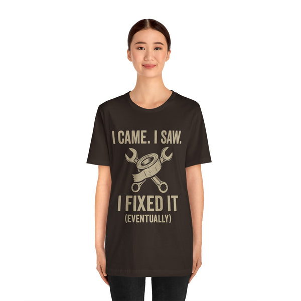 Black crew-neck T-shirt with 'I came. I saw. I fixed it (eventually)'
