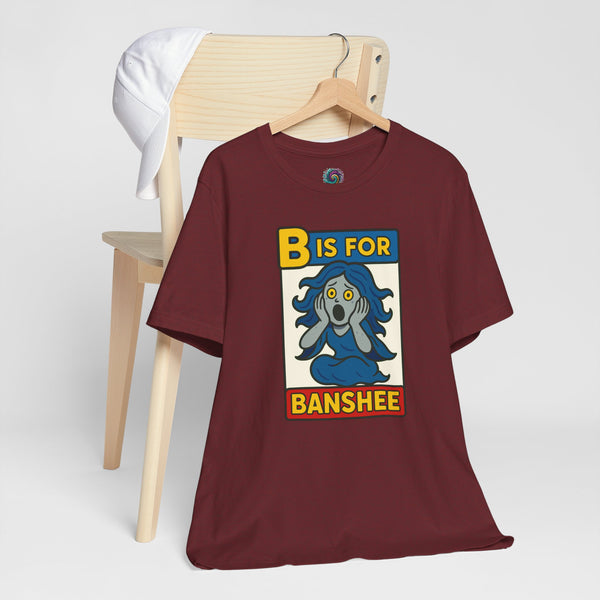 Burgundy t-shirt with “B is for Banshee” alphabet graphic on the front.