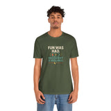 Dark green crew-neck t-shirt with chest slogan and social battery icon graphic.