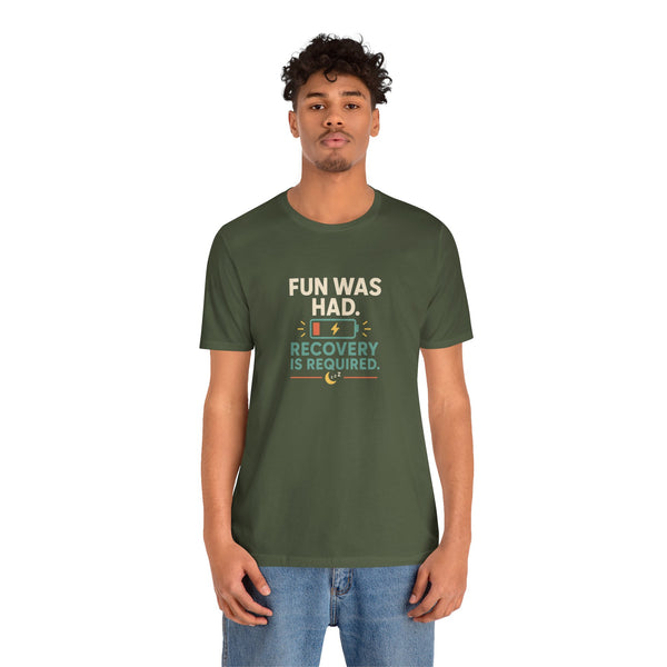 Dark green crew-neck t-shirt with chest slogan and social battery icon graphic.