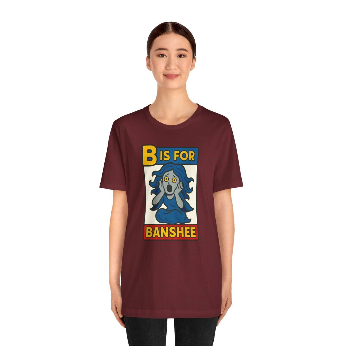 Maroon Banshee alphabet graphic T-shirt with 'B is for Banshee' print