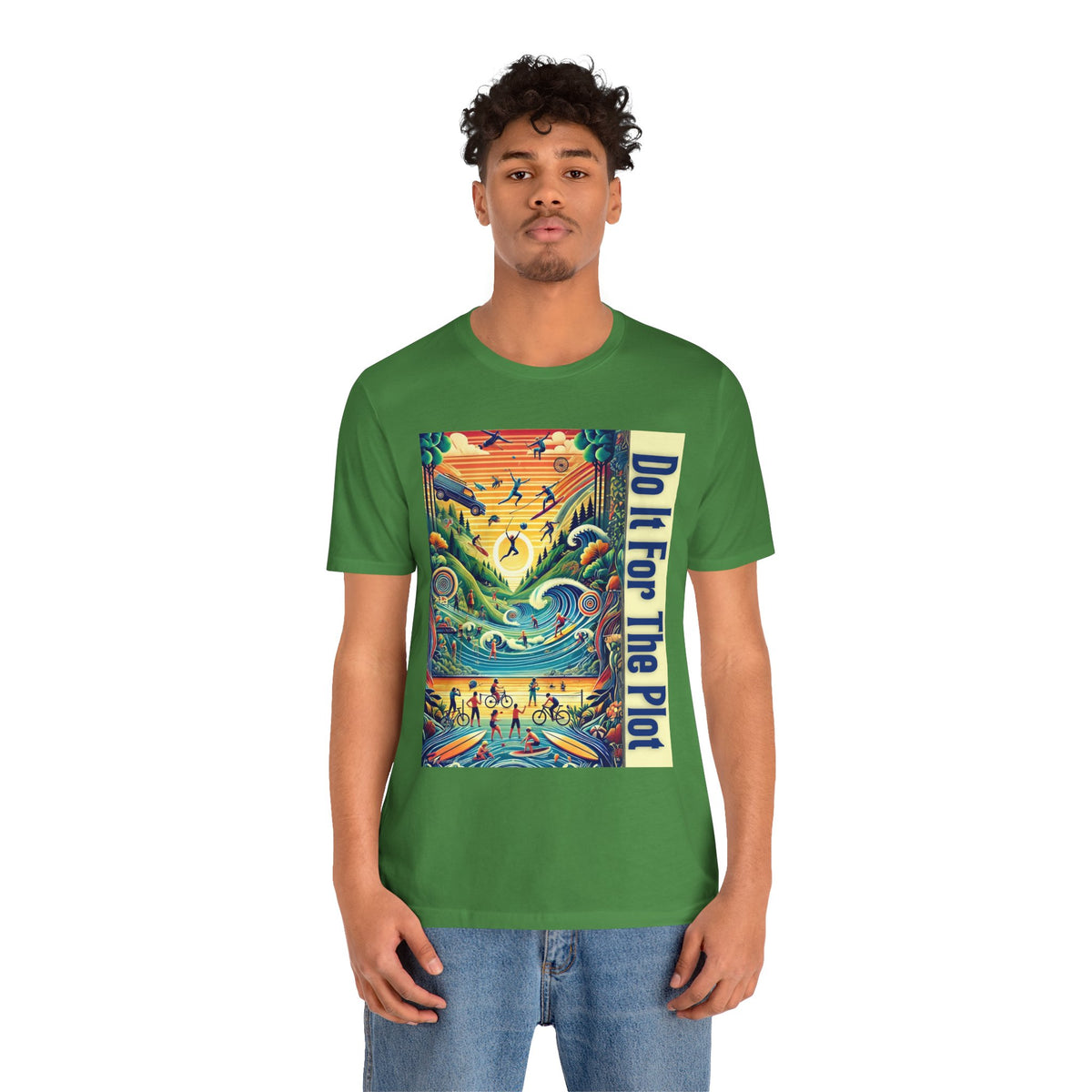 Green crew-neck T-shirt with colorful square chest graphic