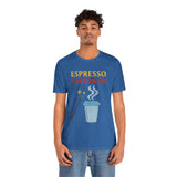 Blue crew-neck T-shirt worn by man, featuring “ESPRESSO PATRONUM” and espresso cup art.