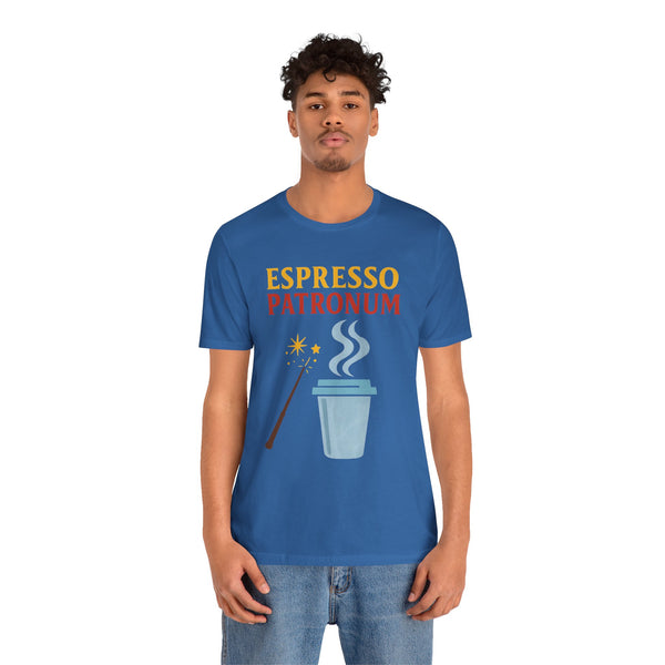 Blue crew-neck T-shirt worn by man, featuring “ESPRESSO PATRONUM” and espresso cup art.