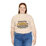Soft cream crewneck T-shirt with coffee science slogan graphic, smiling model front