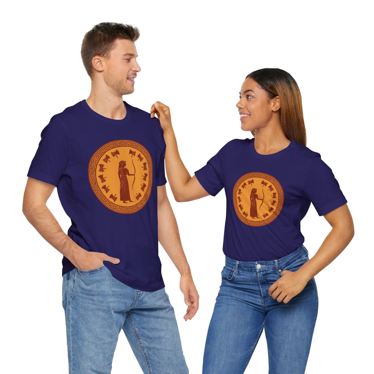 Couple wearing navy and turquoise crewneck T-shirts with circular orange Greek-style figure prints