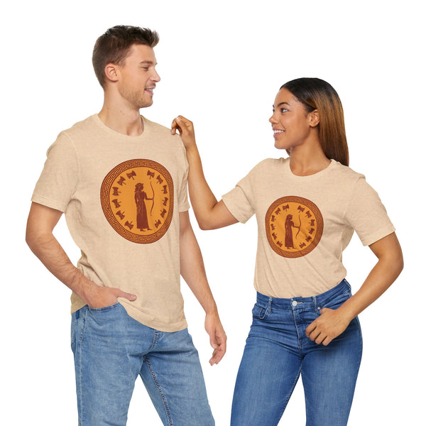 Tan crewneck T-shirt with circular brown emblem graphic, worn by two models