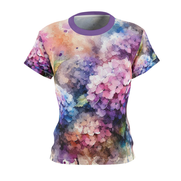 Women's watercolor hydrangea graphic t-shirt, purple crew neck, short sleeves