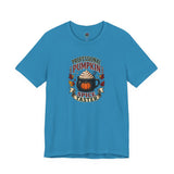 Columbia blue crew-neck T-shirt with colorful pumpkin-spice coffee graphic on the chest