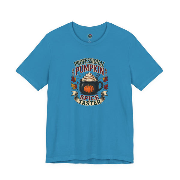 Columbia blue crew-neck T-shirt with colorful pumpkin-spice coffee graphic on the chest