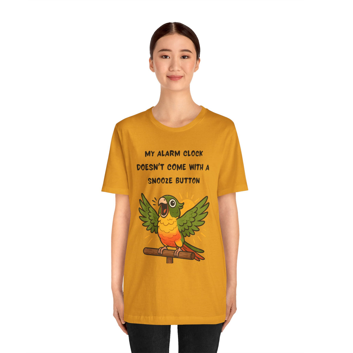 Yellow parrot graphic t-shirt with text "MY ALARM CLOCK" and "SNOOZE BUTTON".
