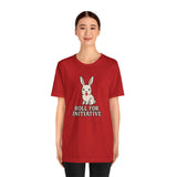 Red crew-neck t-shirt with bunny face graphic and “Roll for Initiative” text