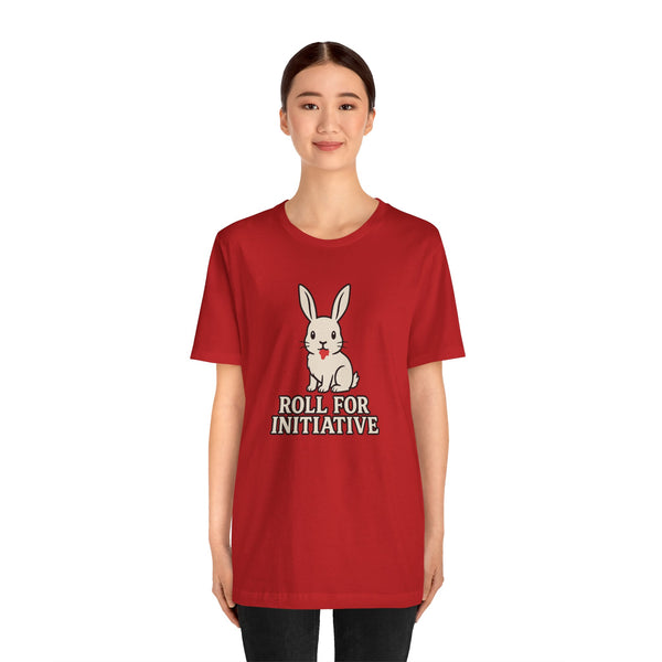 Red crew-neck t-shirt with bunny face graphic and “Roll for Initiative” text