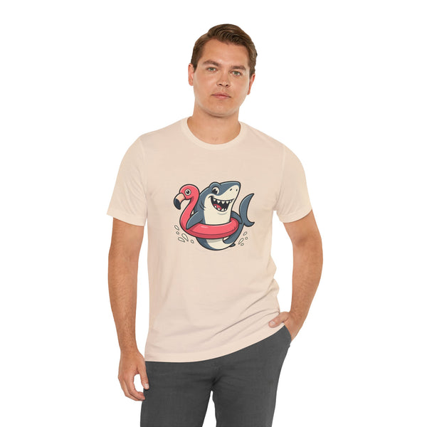 Cream crew-neck t-shirt with shark and flamingo graphic, front view on man