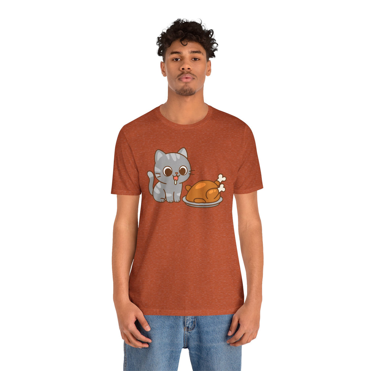 Rust orange cat and turkey graphic T-shirt, crew neck short-sleeve, man standing