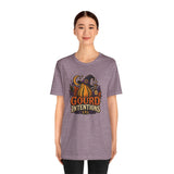 Heather purple crewneck T-shirt with centered witch-and-pumpkin 