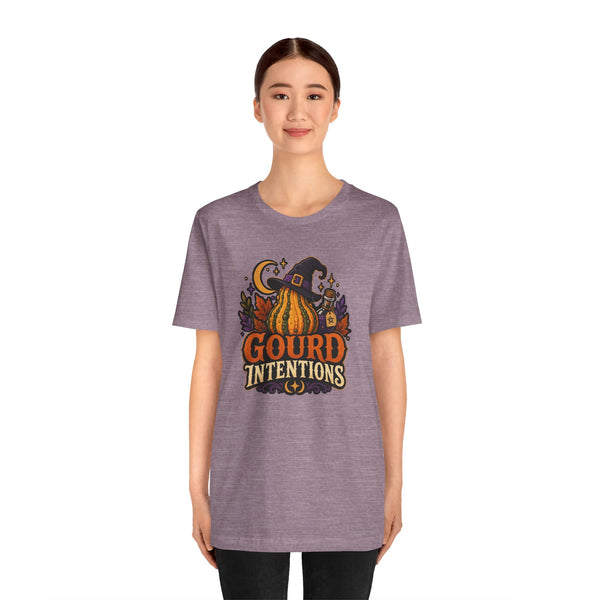 Heather purple crewneck T-shirt with centered witch-and-pumpkin "Gourd Intentions" print