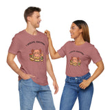 Pair of rose heather T-shirts with “Axolotl Questions” axolotl book reading graphic