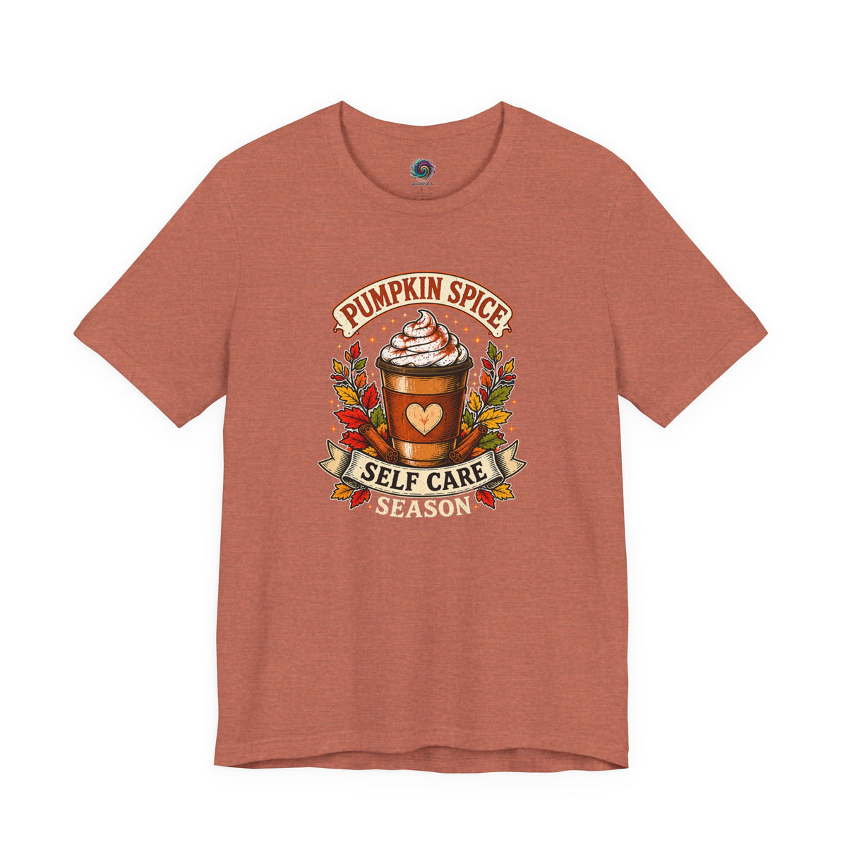 Rust brown T-shirt with "Pumpkin Spice" and "Self Care Season" graphic, short sleeves