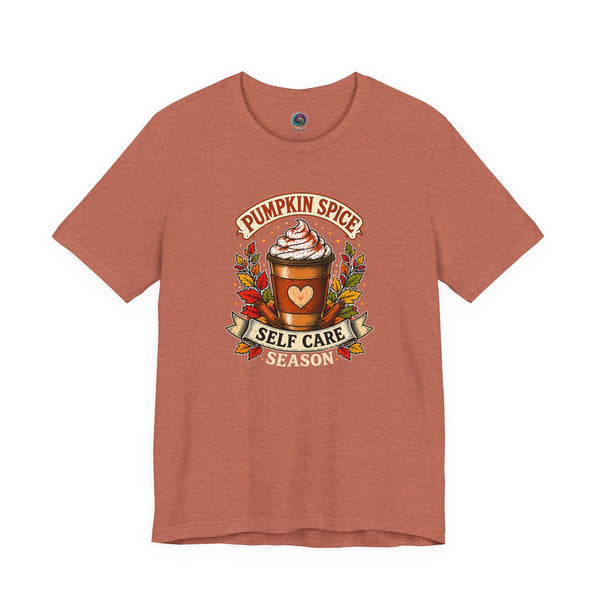 Rust brown T-shirt with "Pumpkin Spice" and "Self Care Season" graphic, short sleeves