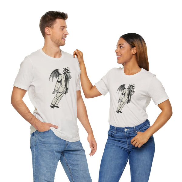 Two people wearing white crew-neck T-shirts with black front graphic print
